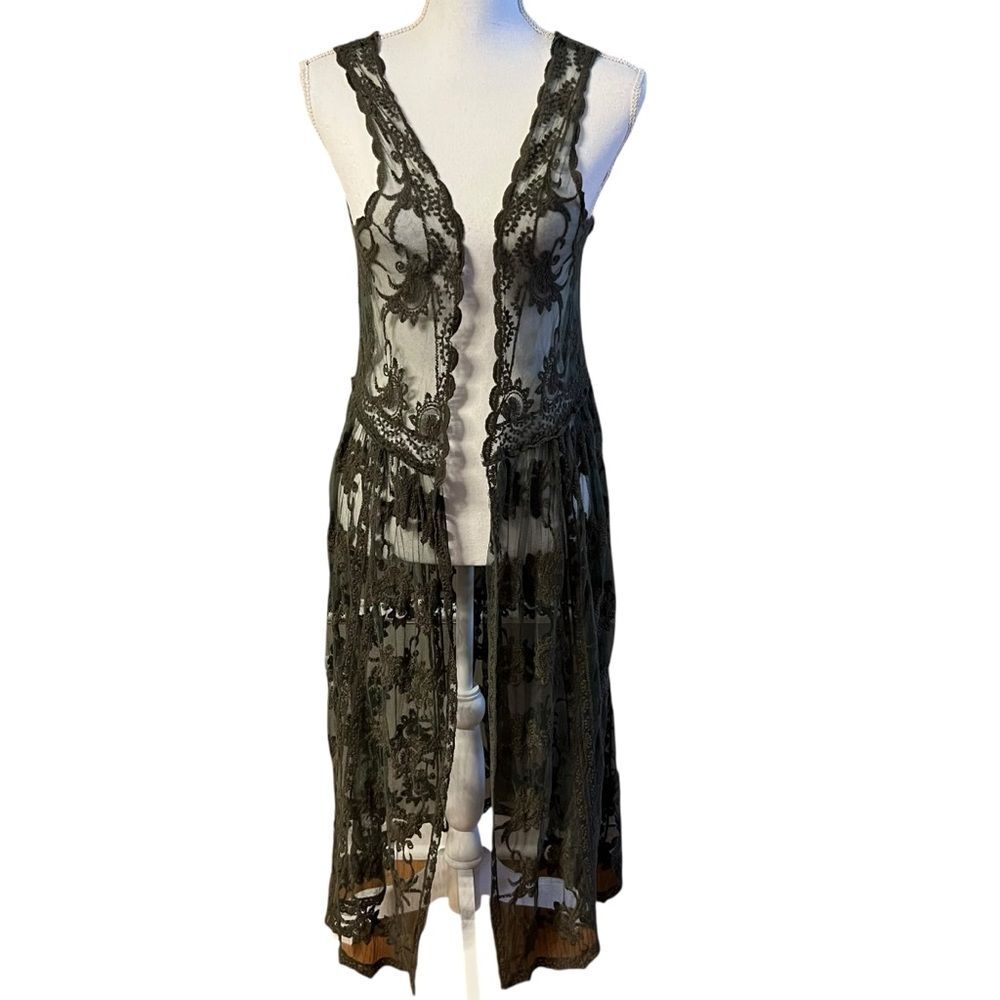 Womens Whimsigoth Lace Kimono Cardigan Woven Heart Size L Boho Festival Goth